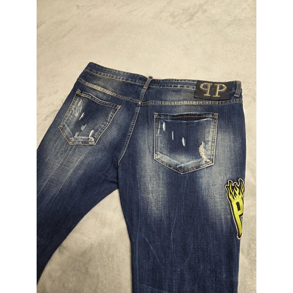 Philipp Plein Jeans Mens 32x31 Blue Slim Straight Distressed Patches‎ Skull Logo